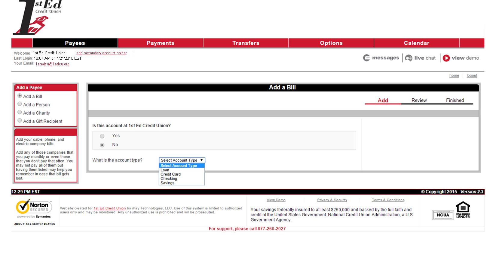 Bill Pay Set Up A New Payee 1st Ed Credit Union