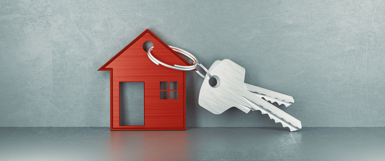 new house concept, key + house key chain