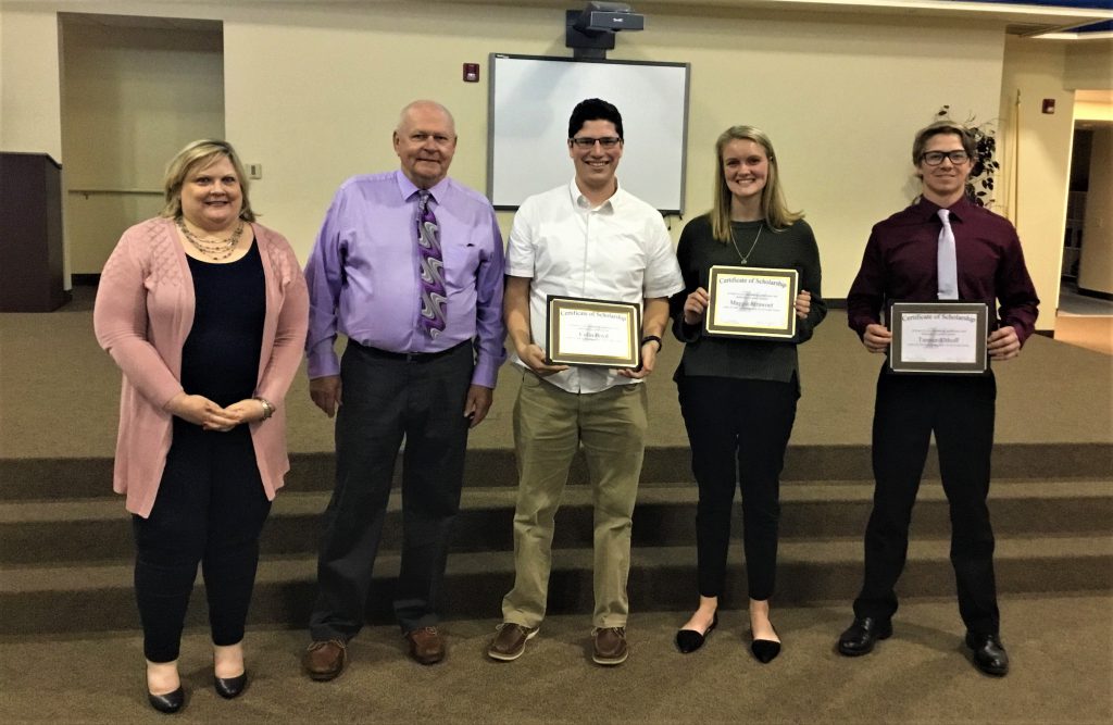 2019 scholarship recipients- pictured from left: Kelly Childress, CEO, Roy Johnston, Chairperson of the Board, Colin Boyd, Maggie Strawoet, and Tanner Althoff. Not pictured: Sydnee Loy.